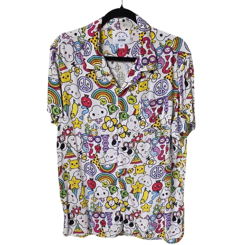 Guess Friends With You Logo Camp Shirt Little Cloud Print Mens Size Medium